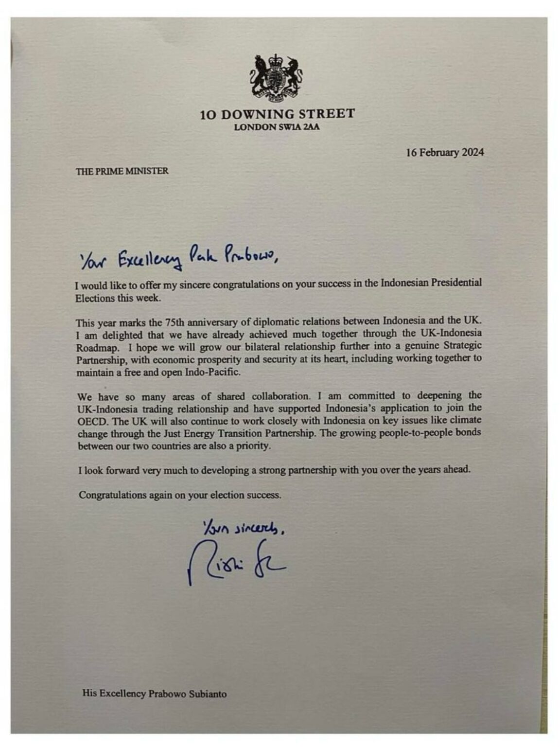 Surat Perdana Menteri Inggris atas Terpilihnya Presiden RI ke 8 Prabowo Subianto